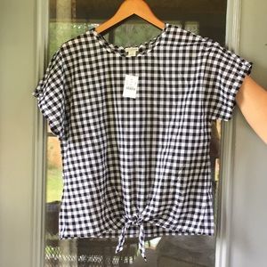 Short sleeve black white gingham j by J Crew tie